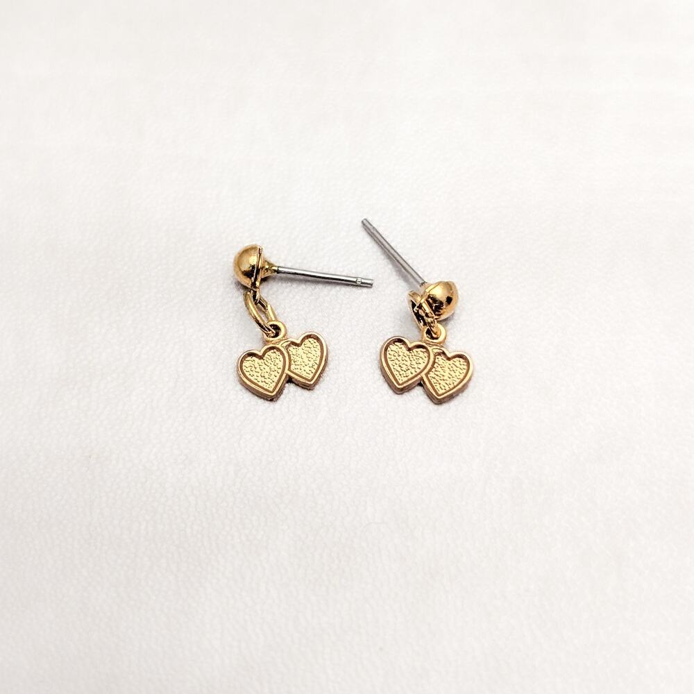 Vintage Stud Earrings Gold Tone Two Hearts Dainty Love/Valentines Theme
